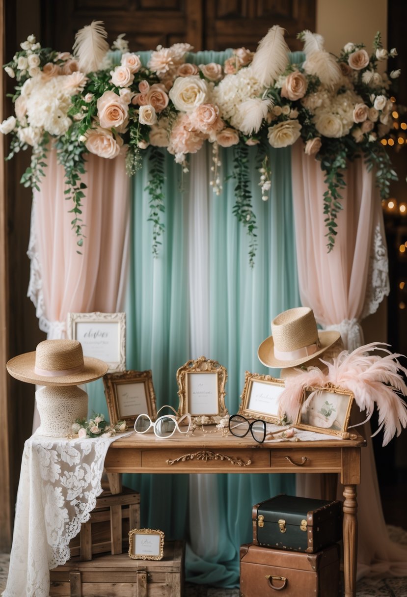 A photo booth setup with vintage props including hats, feather boas, and glasses, decorated with flowers and rustic elements for a wedding shower.