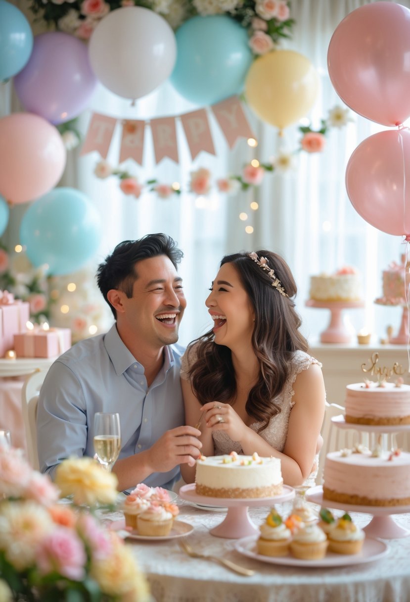 A smiling couple sitting together in a decorated room, sharing a happy and funny moment during a wedding shower celebration.