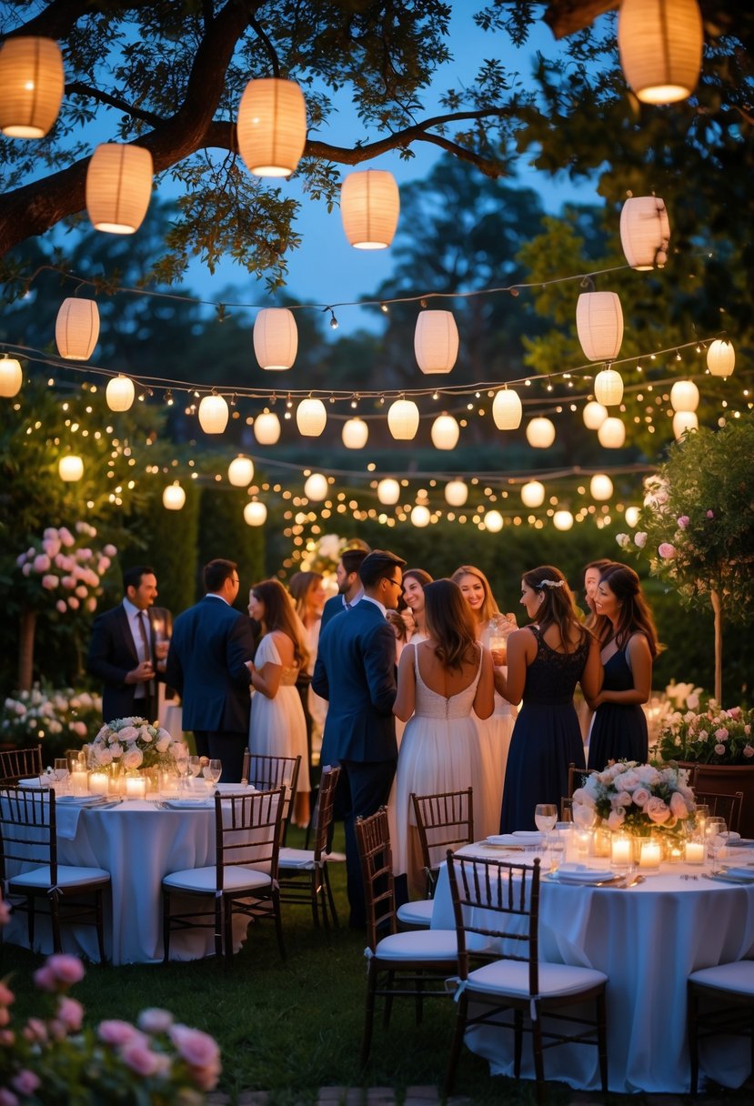 Evening garden party with glowing lanterns, couples and guests celebrating outdoors among flowers and greenery.