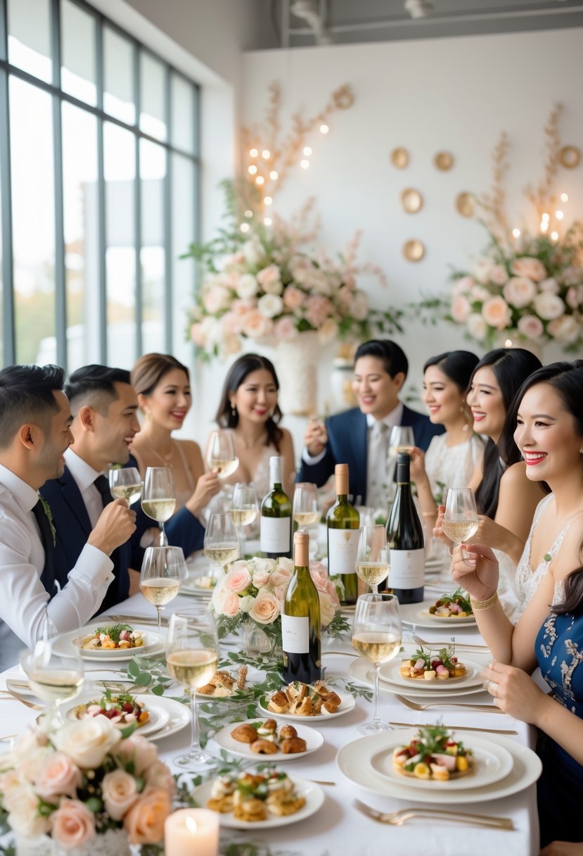 Couples enjoying a wine tasting with appetizers at a decorated wedding shower table indoors.