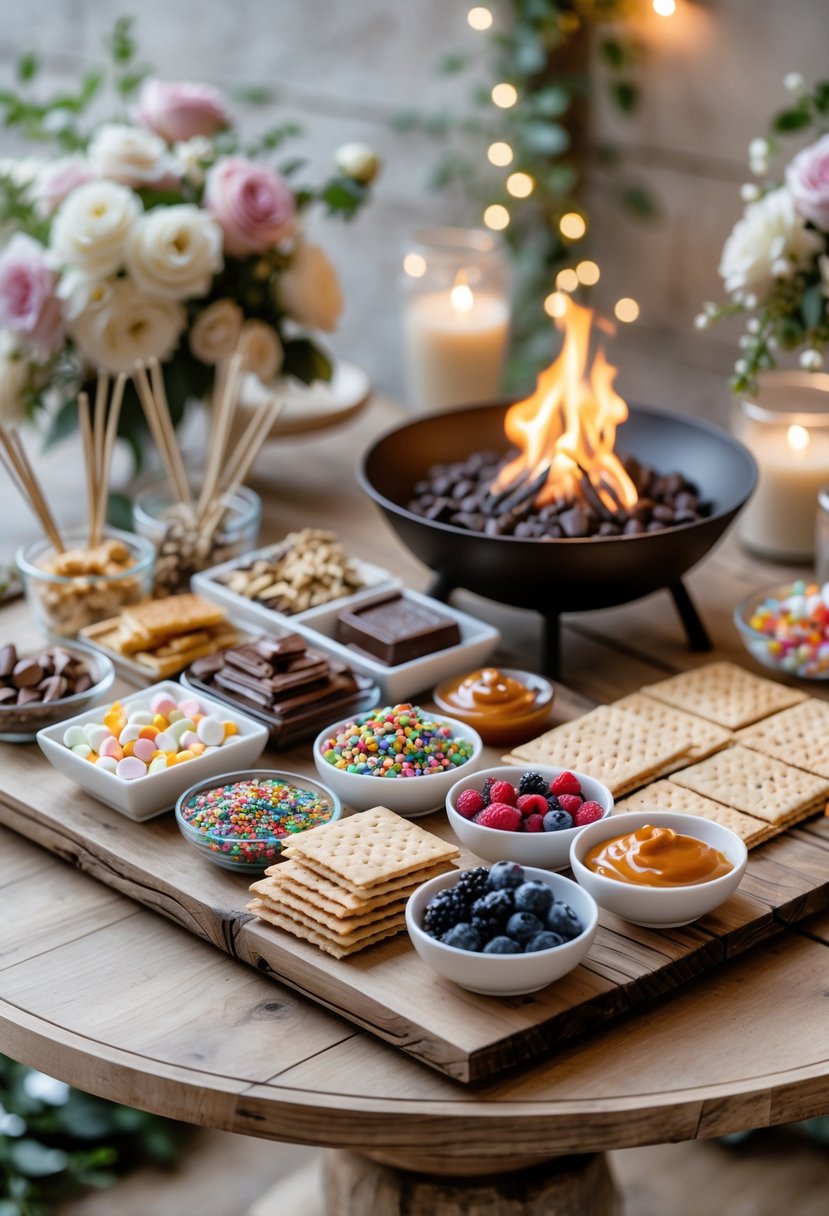 A table with a gourmet s'mores bar featuring various toppings like marshmallows, chocolates, nuts, and berries, set up for a wedding shower.