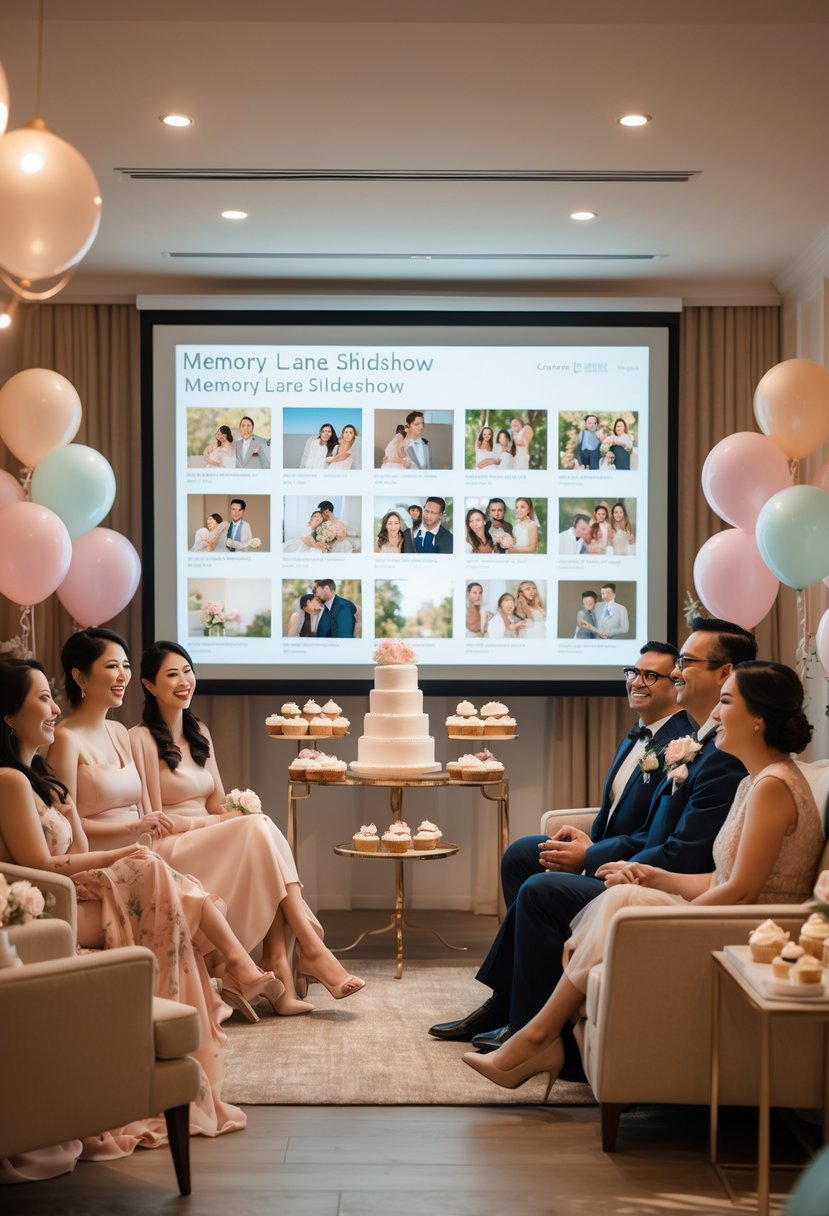 A group of people watching a slideshow of photos at a decorated wedding shower with flowers, balloons, and desserts.