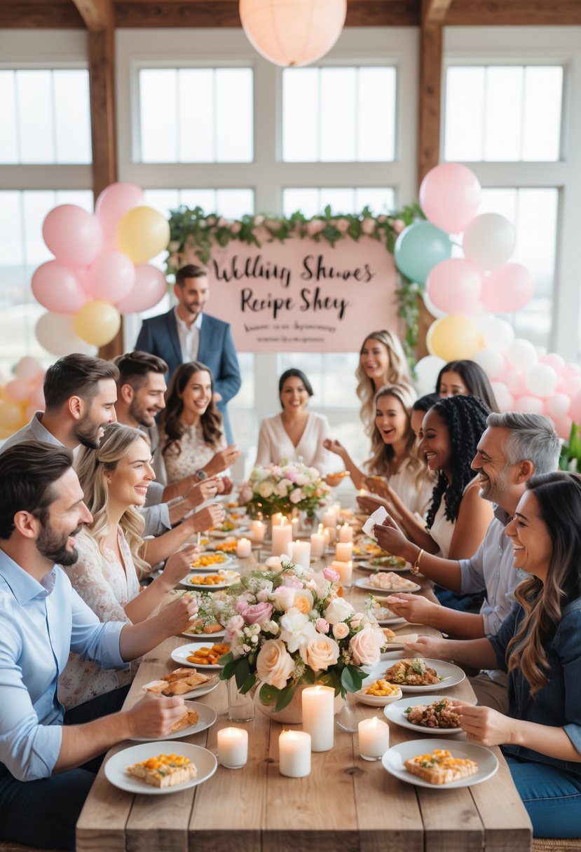 Couples gathered around a decorated table exchanging recipe cards and enjoying food at a wedding shower.