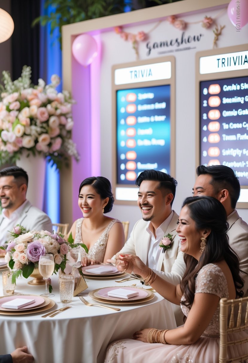 Couples sitting around a decorated table playing a trivia game at a wedding shower event.