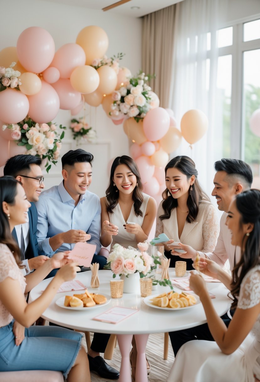 Couples enjoying interactive games and activities together at a decorated wedding shower.