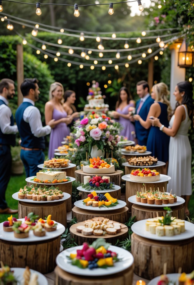 Guests enjoying a wedding shower with multiple food stations set up outdoors surrounded by greenery and decorative lights.