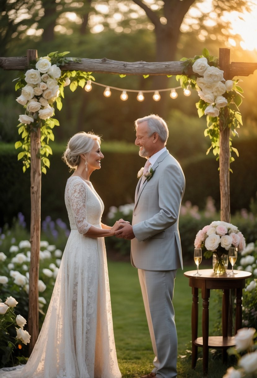 A mature couple holding hands during an outdoor vow renewal ceremony in a garden at sunset.