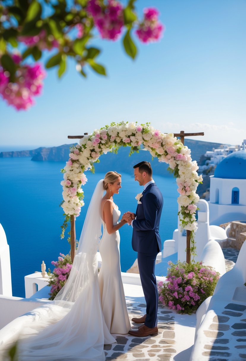A couple exchanging vows on a terrace overlooking the blue sea and white buildings of Santorini, Greece.