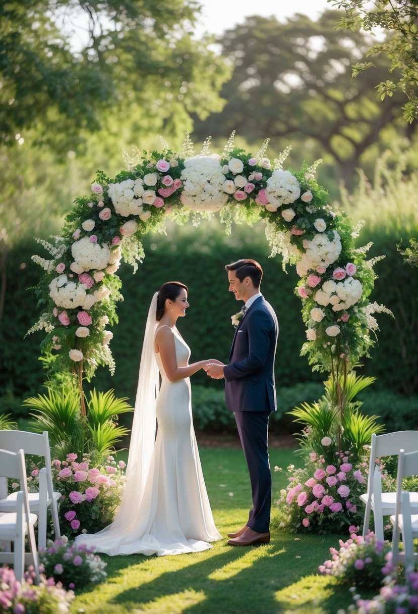 A couple standing under a floral arch in a garden exchanging wedding vows during an intimate ceremony.
