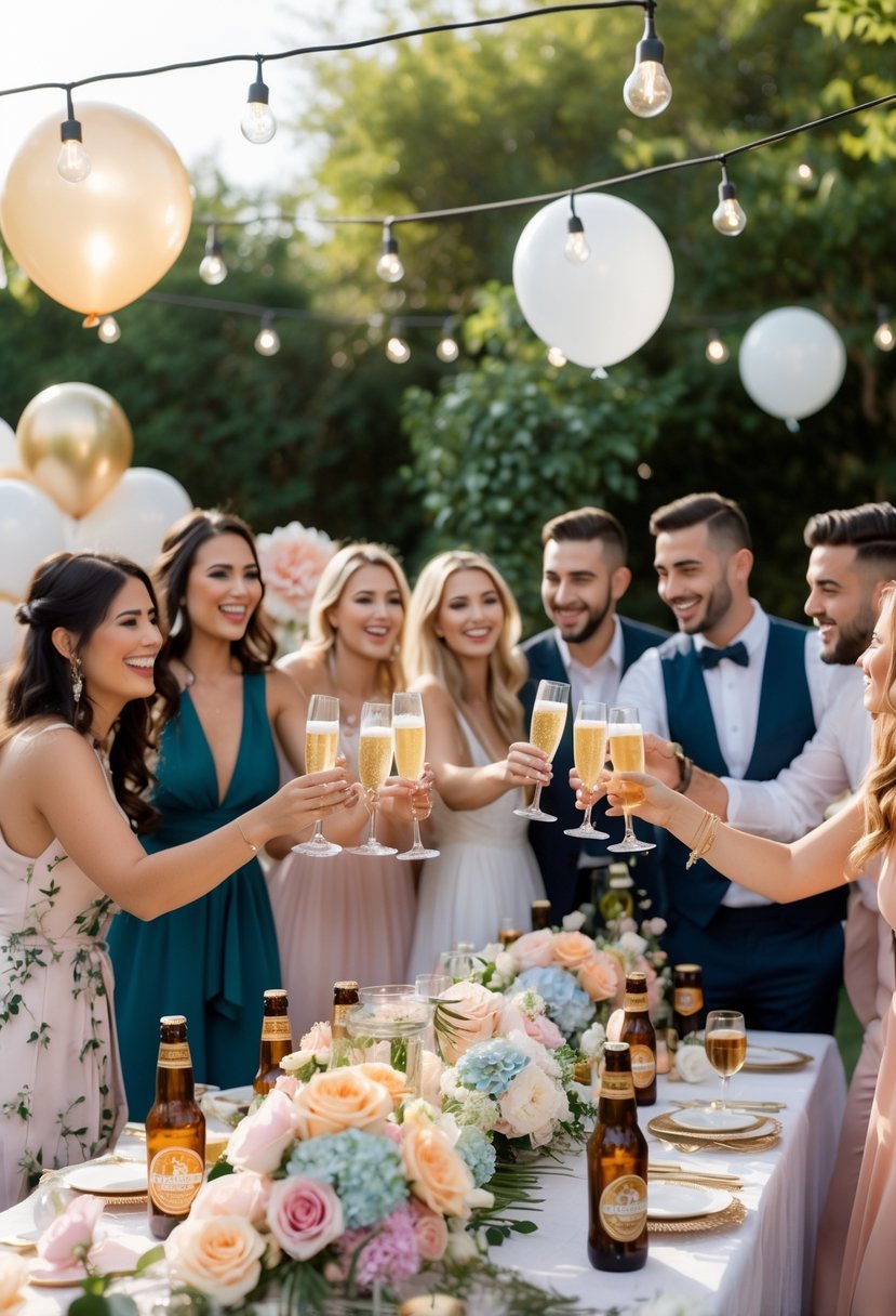 Couples and friends enjoying a stylish outdoor wedding shower party with drinks, flowers, and festive decorations.