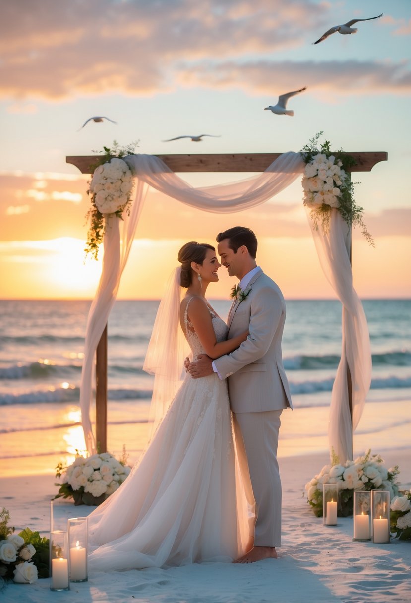 A couple renewing their wedding vows on a beach at sunset, standing close together near the water with soft sand and colorful sky in the background.