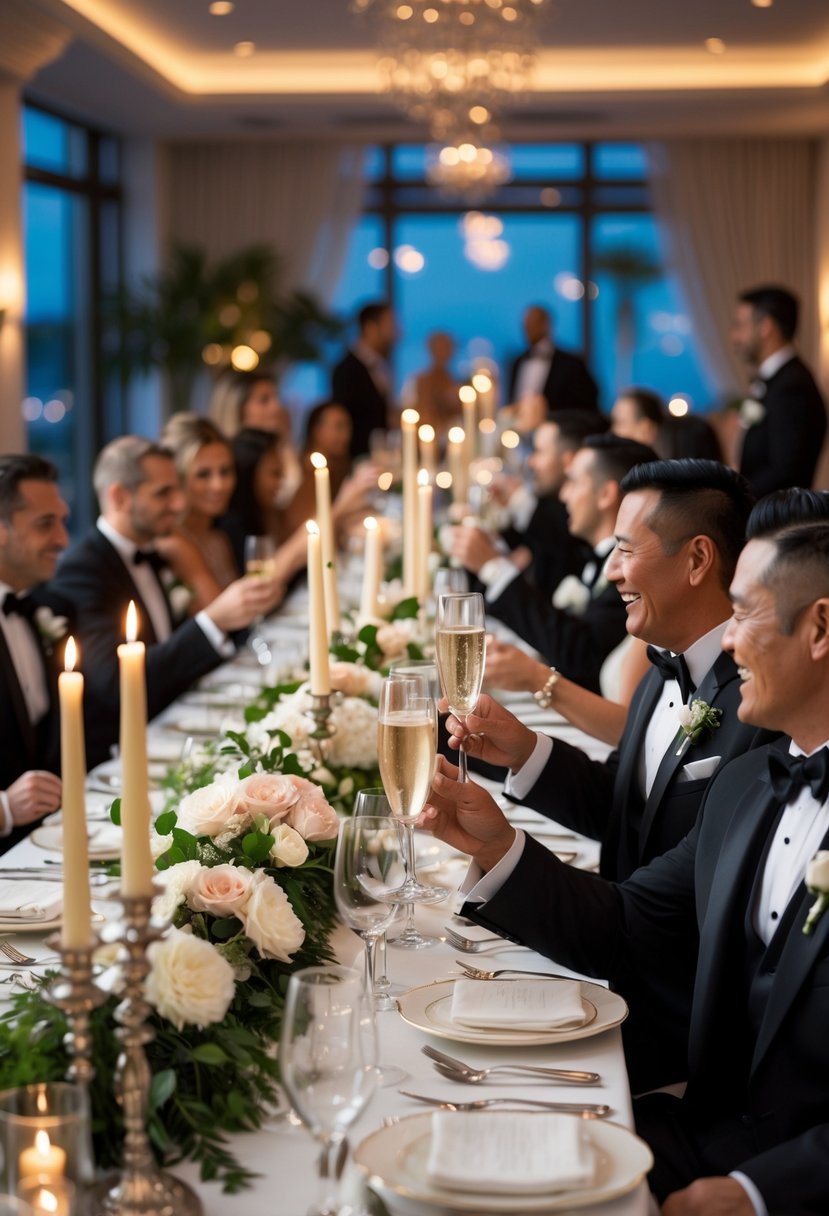 Guests in formal attire seated around a long dining table set with candles, flowers, and dinnerware, celebrating a vow renewal dinner.