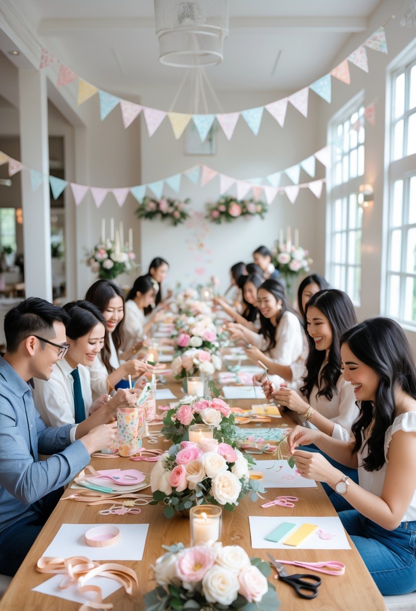 Couples creating wedding decorations together at a bright arts and crafts workshop with floral decorations and craft supplies on a wooden table.