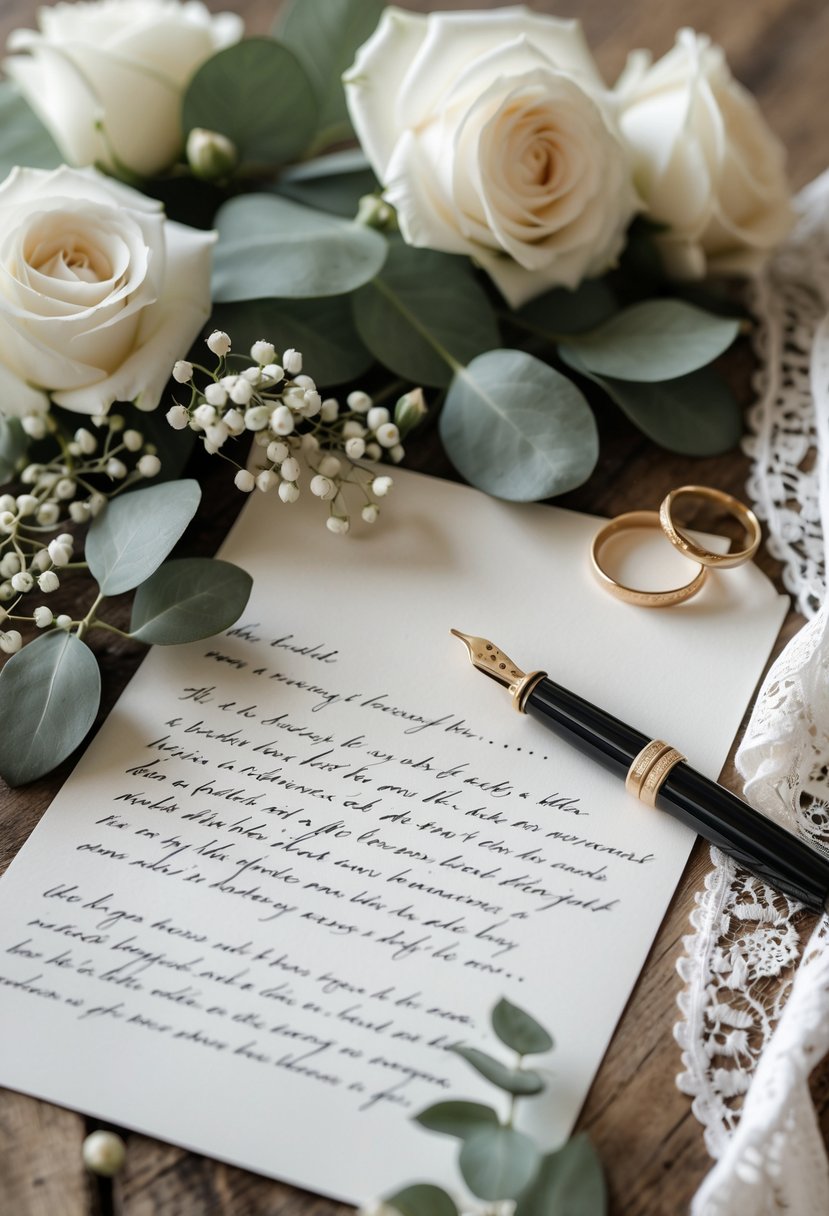 Close-up of handwritten wedding vow renewal letters on a wooden table surrounded by flowers, a fountain pen, wedding rings, and a lace handkerchief.