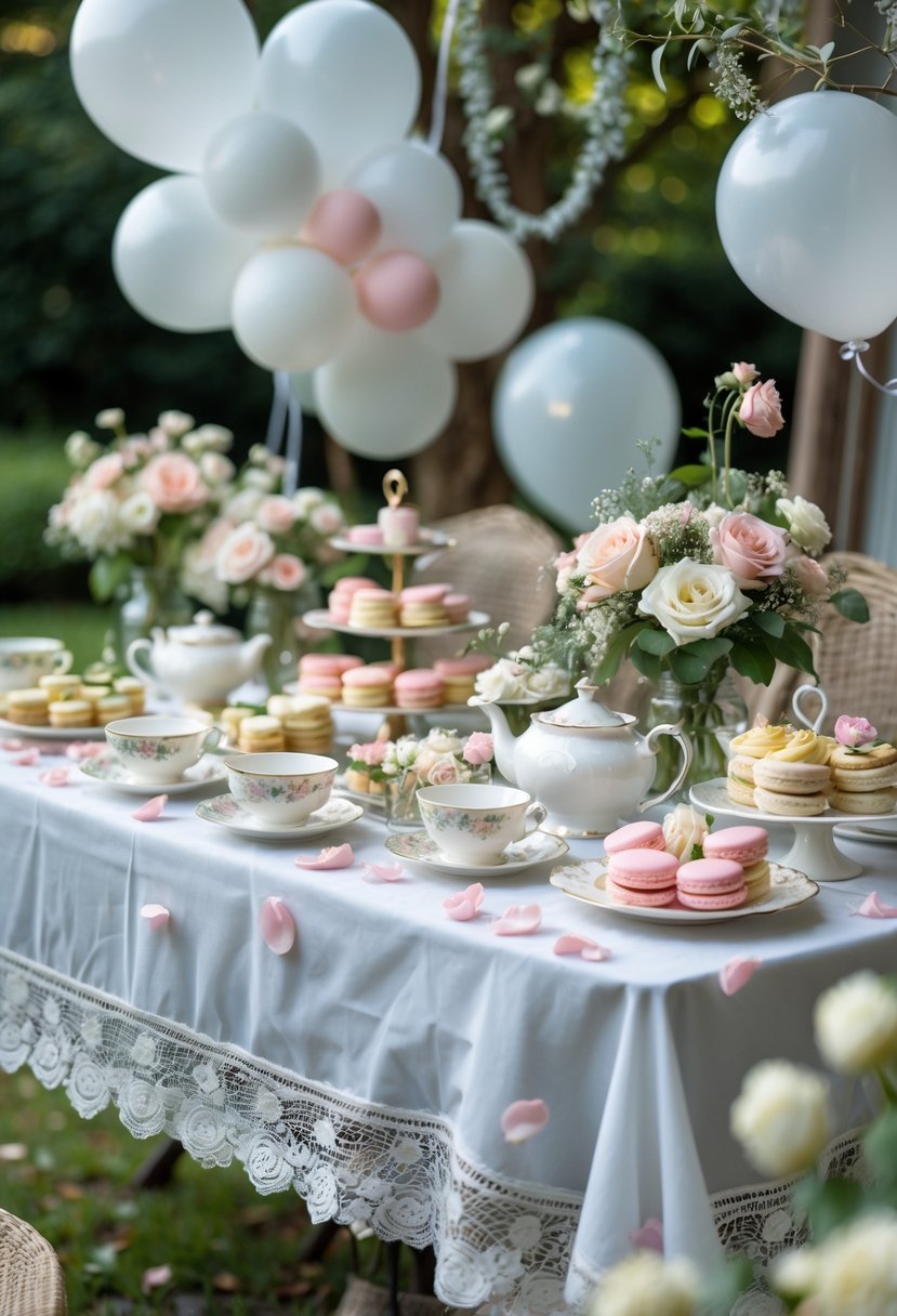 An outdoor table set with teacups, a teapot, pastries, and fresh flowers for a wedding shower.