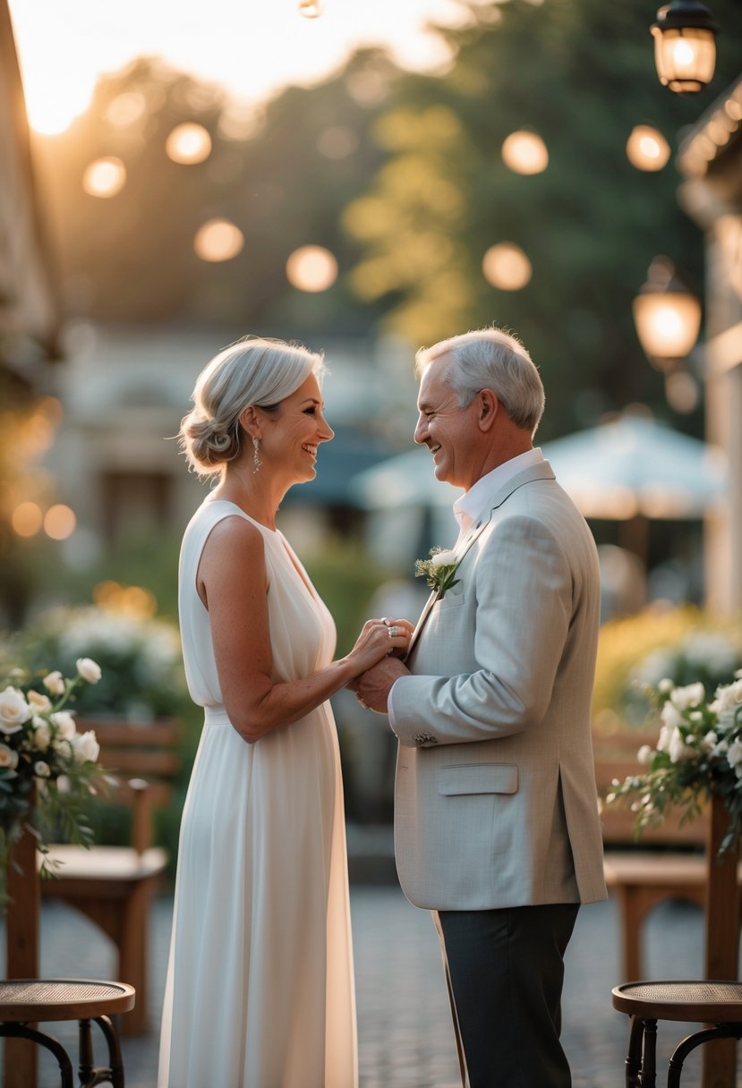 A mature couple exchanging wedding vows outdoors at the place where they first met, surrounded by a peaceful garden setting.