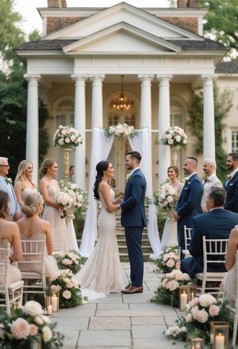 A couple exchanging vows outdoors at a historic mansion surrounded by seated guests and floral decorations.