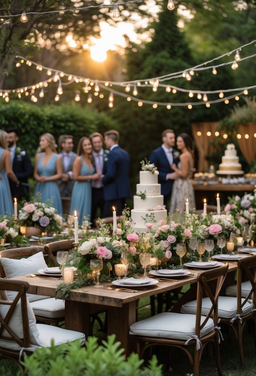 Couples enjoying a garden party decorated with fairy lights, flowers, and tables with food and drinks.
