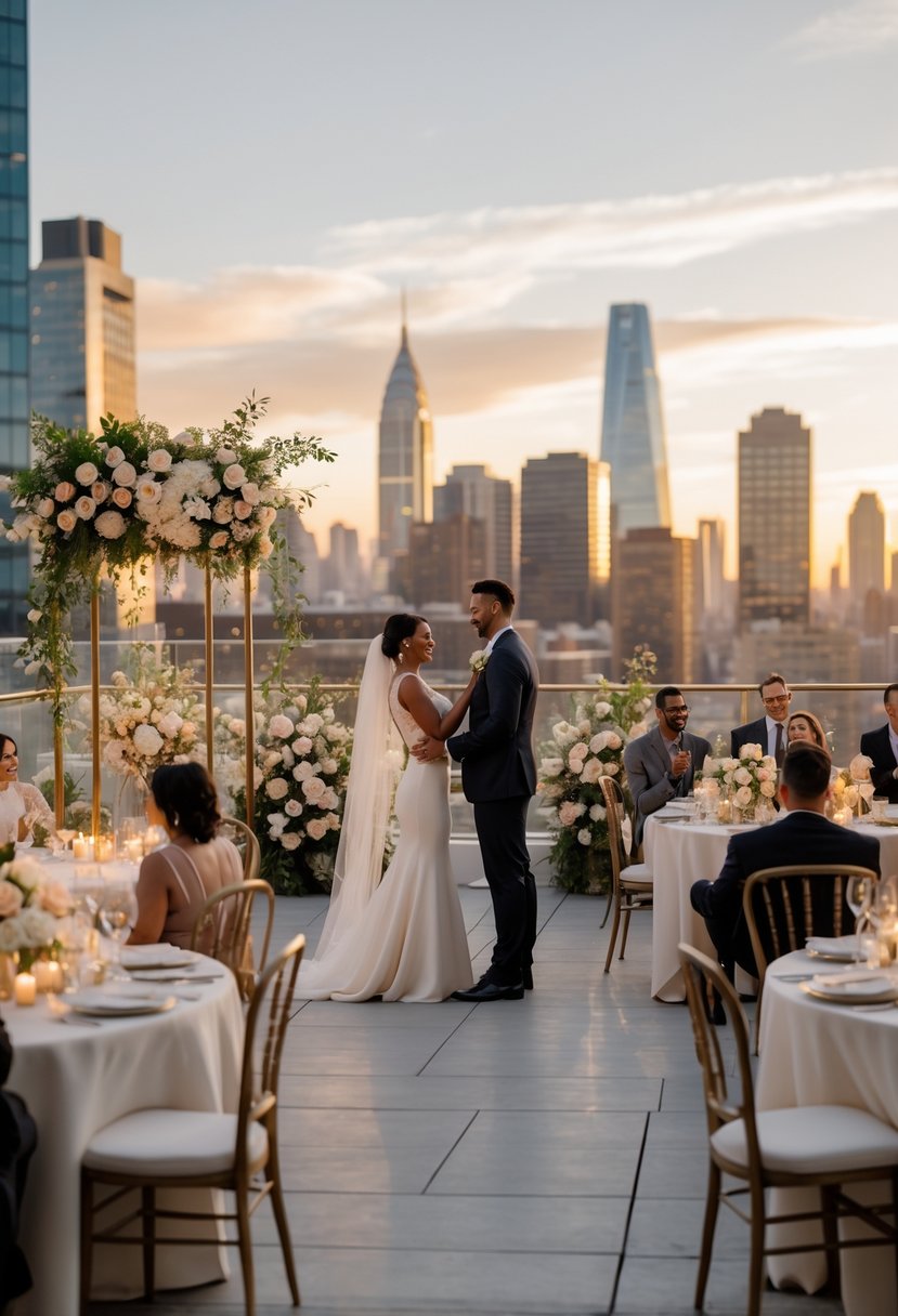 A couple exchanging wedding vows on a rooftop with city skyline in the background, surrounded by seated guests and elegant decorations.
