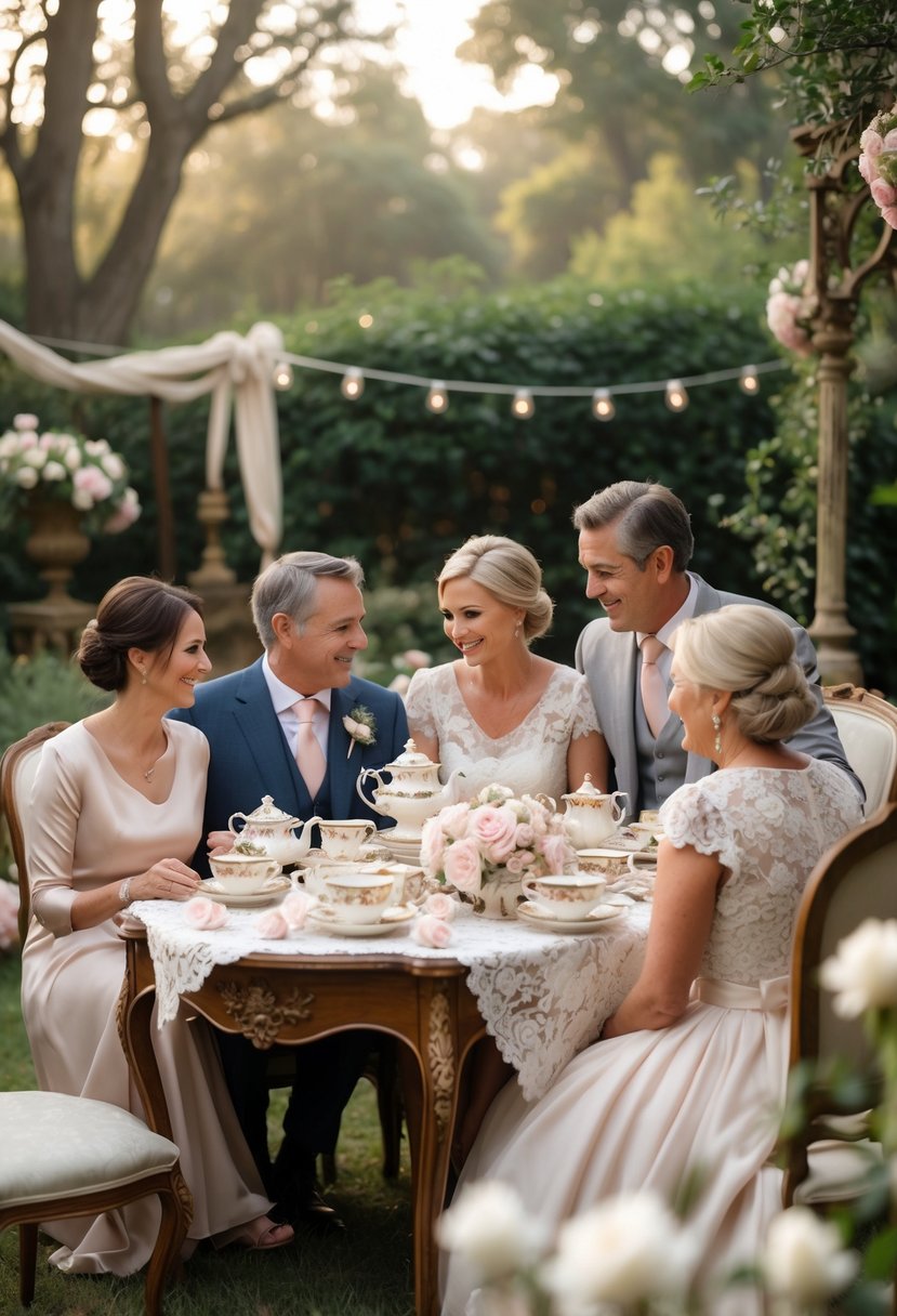 A close family gathered around a vintage tea party table outdoors, sharing a warm moment during a wedding vow renewal.