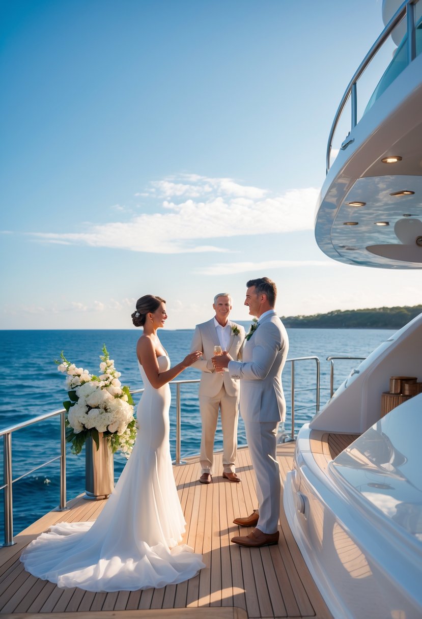 A couple exchanging vows on the deck of a luxury yacht surrounded by calm ocean waters.