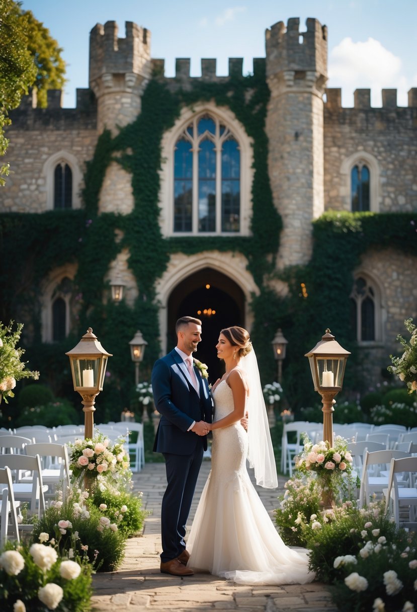 A couple renewing their wedding vows in front of a historic stone castle surrounded by gardens.