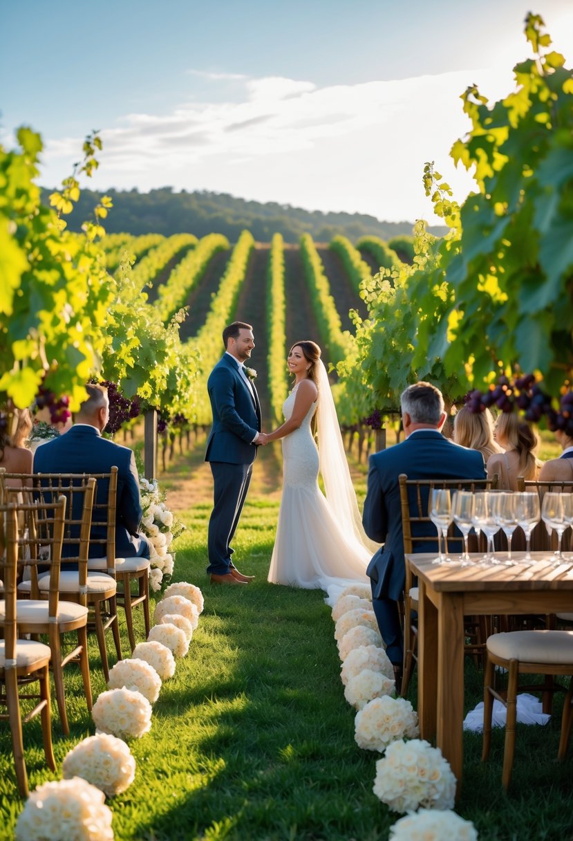 A couple renewing their wedding vows outdoors in a vineyard surrounded by grapevines, with guests seated nearby and a table set for wine tasting.