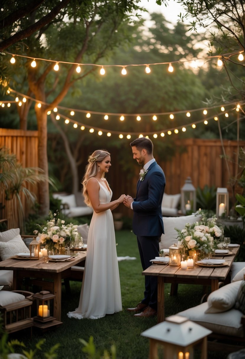 A couple renewing their wedding vows in a cozy backyard setting with fairy lights and a small group of guests nearby.