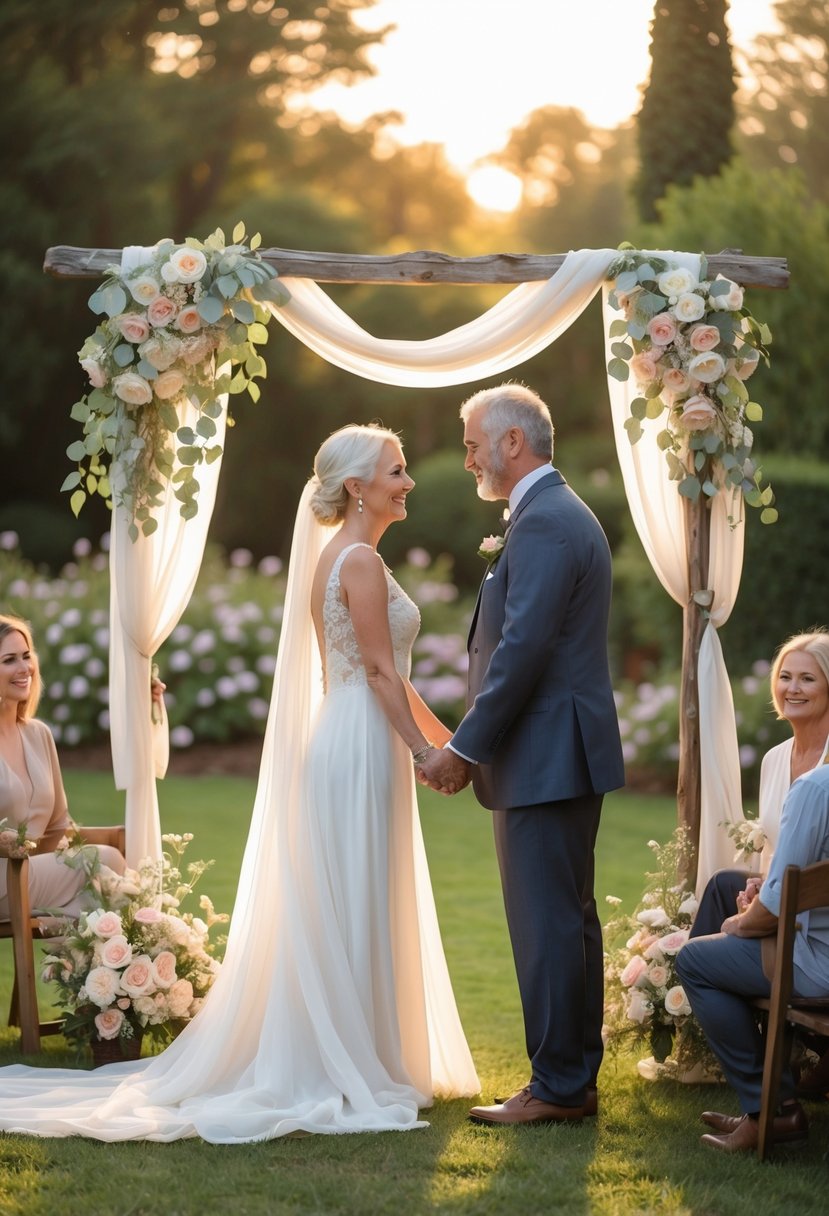 A mature couple holding hands and exchanging vows outdoors in a garden surrounded by flowers and a wooden arch.