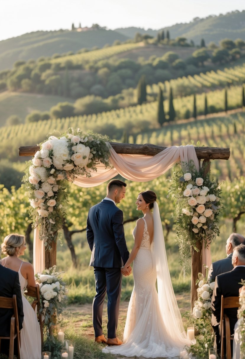A couple renewing their vows outdoors in Tuscany, standing under a floral arch with rolling hills and vineyards in the background.