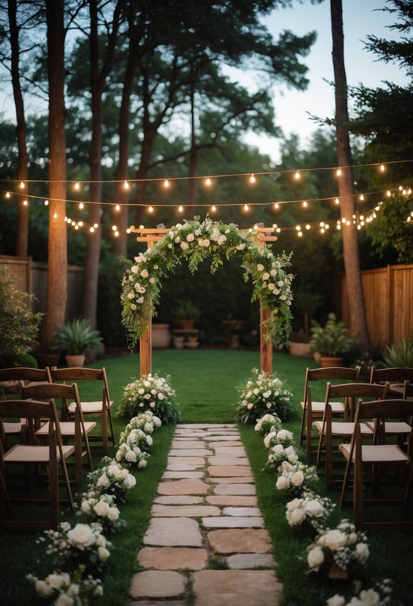 A backyard garden set up for an intimate wedding vow renewal with a wooden arch decorated with flowers and twinkle lights overhead.
