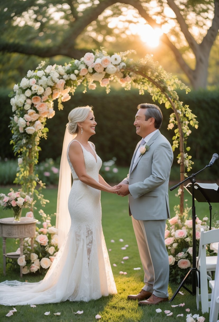 A mature couple holds hands during their outdoor wedding vow renewal ceremony under a floral arch with a musician playing guitar nearby.