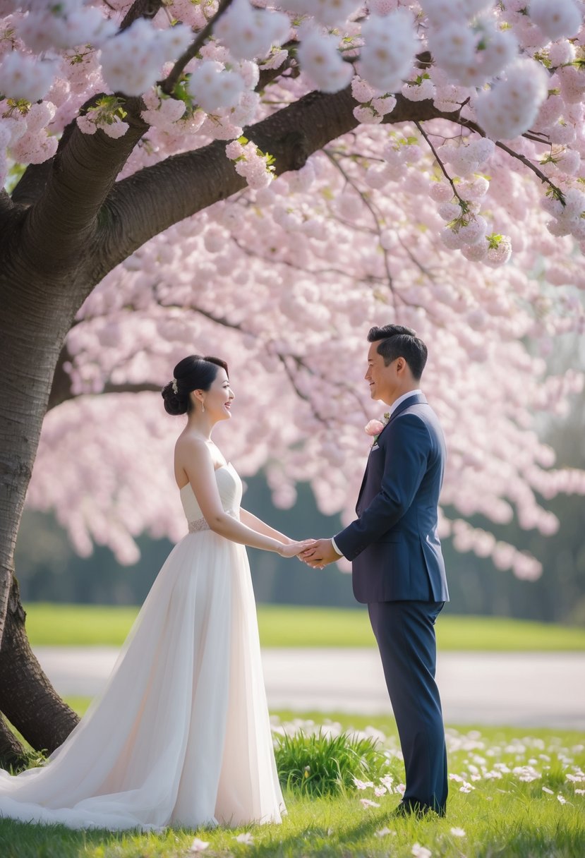 A couple renewing their wedding vows under a blooming cherry blossom tree outdoors.