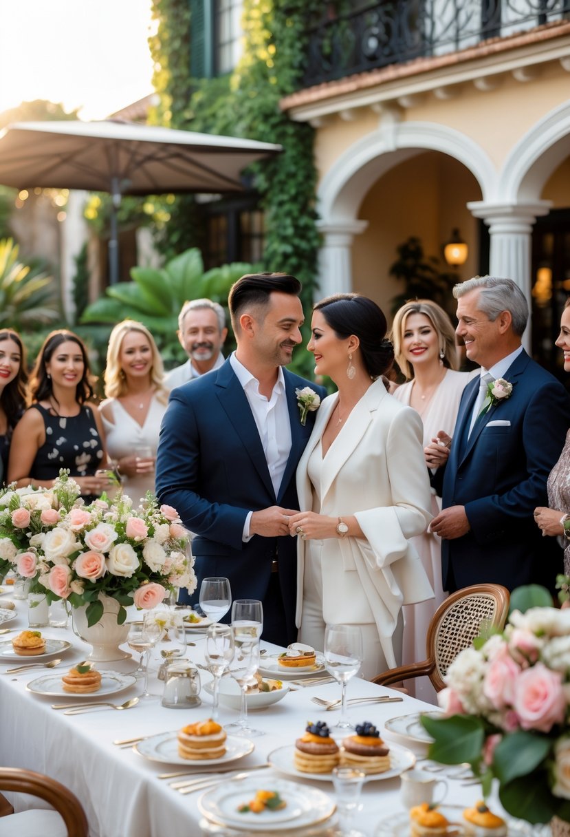 A couple exchanging vows at an outdoor brunch celebration with family and friends at a boutique hotel garden.