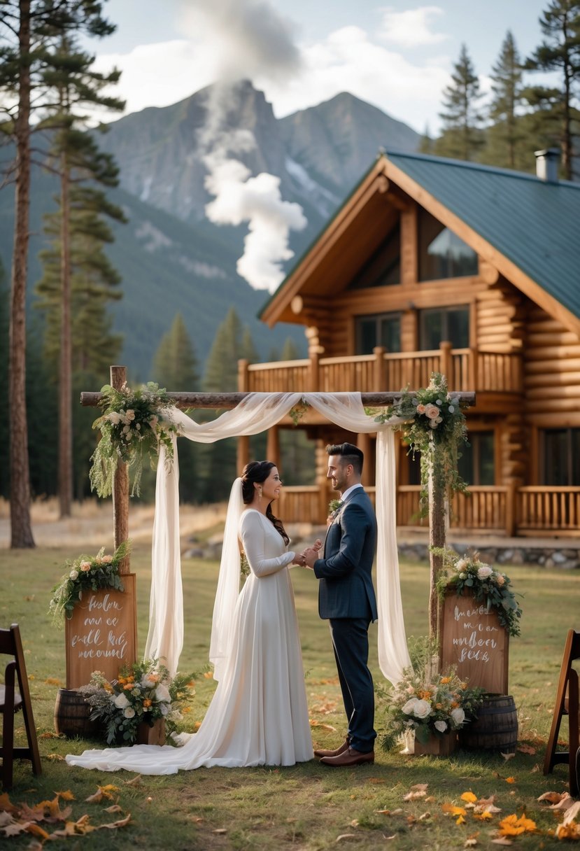 A couple exchanging vows outdoors near a wooden mountain cabin surrounded by pine trees and mountains.