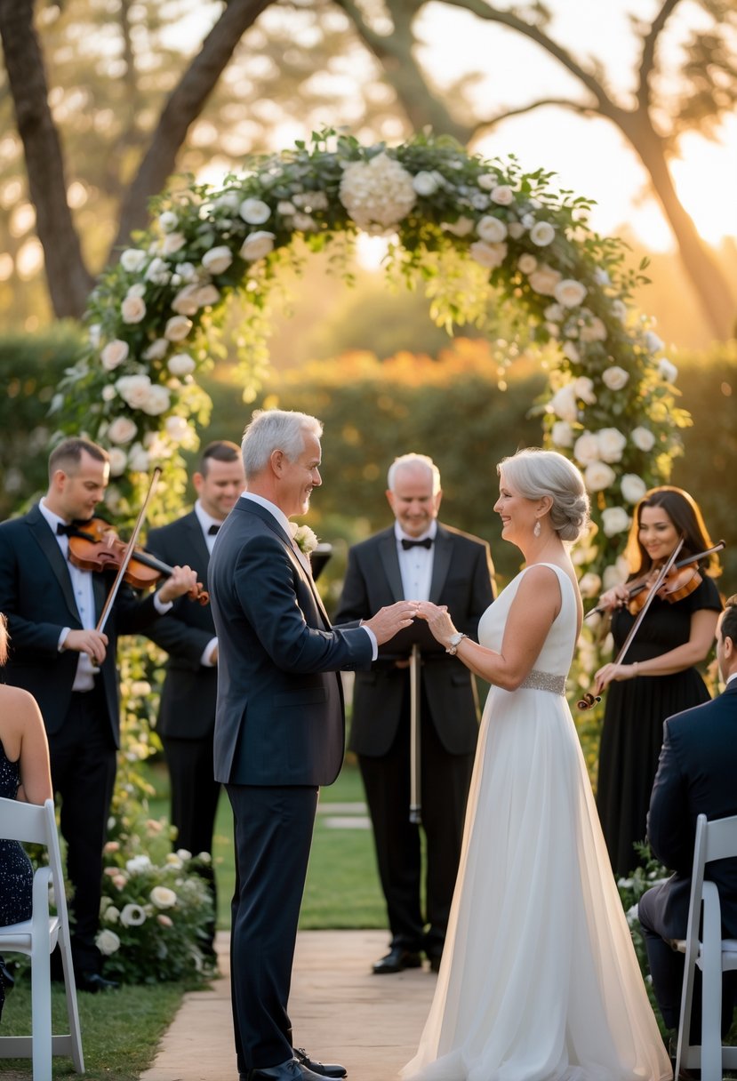 A mature couple exchanging vows outdoors with a live string quartet playing nearby and guests seated around them.