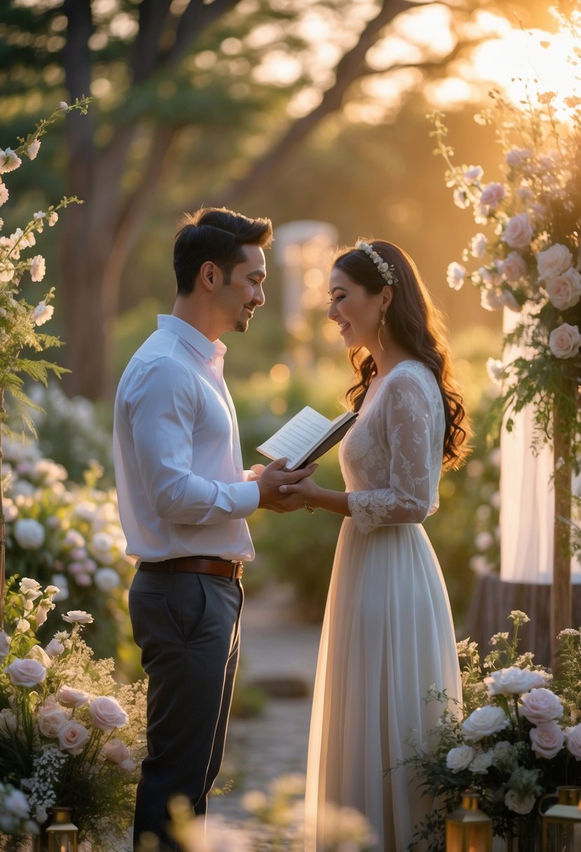 A couple holding hands outdoors during a wedding vow renewal ceremony, listening to a poet reciting vows surrounded by flowers and trees.