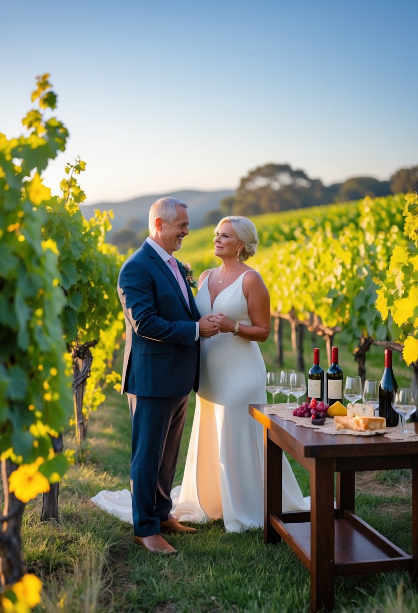 A mature couple exchanging vows in a vineyard with wine glasses and bottles on a nearby table.