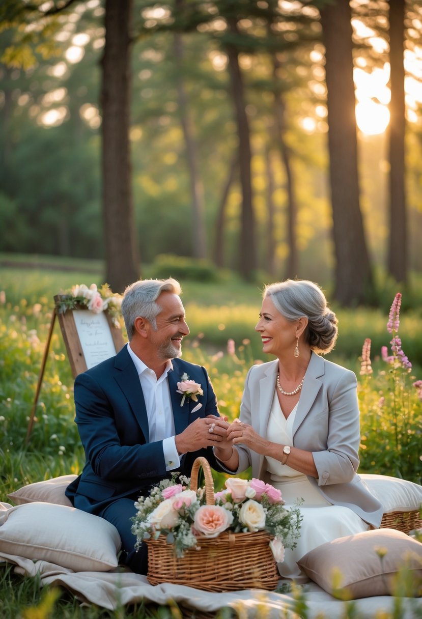 A mature couple holding hands and gazing at each other during a romantic outdoor picnic surrounded by greenery and flowers.