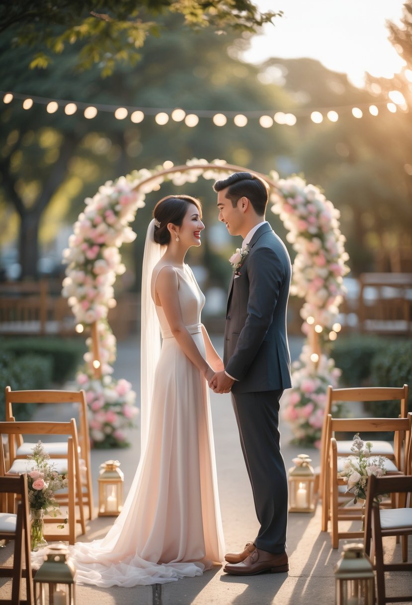 A couple renewing their wedding vows outdoors at the place they first met, surrounded by flowers and close family.