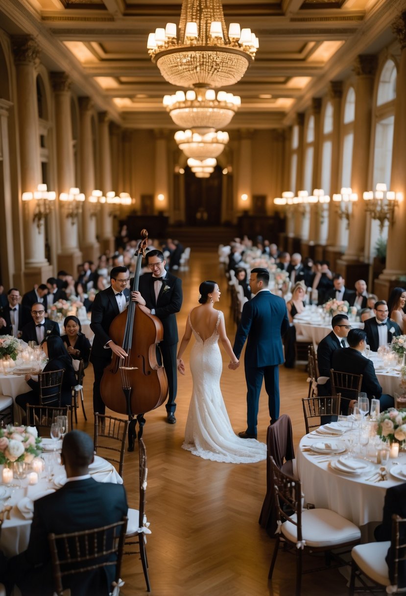 A couple renewing their wedding vows in an elegant ballroom with a live jazz band playing nearby and guests seated at decorated tables.