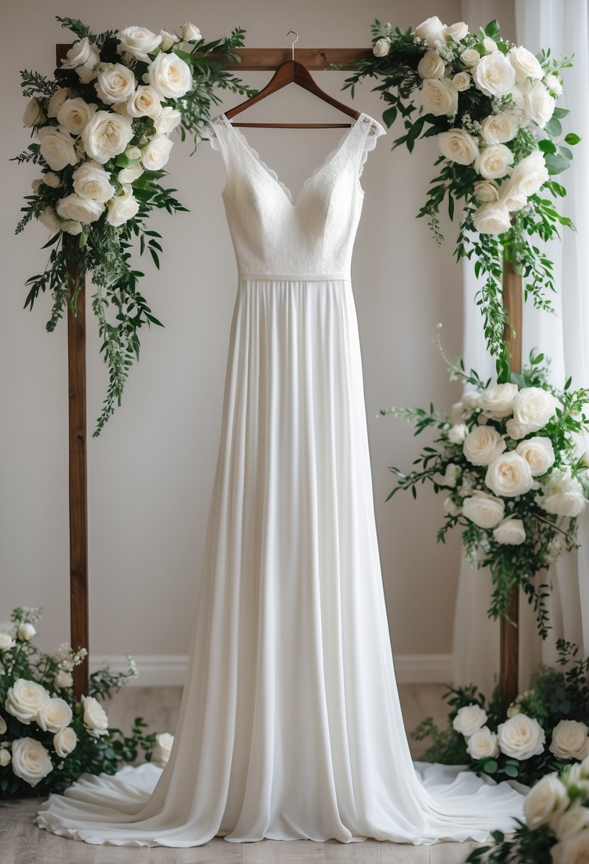 A classic white wedding dress hanging with floral decorations in the background.