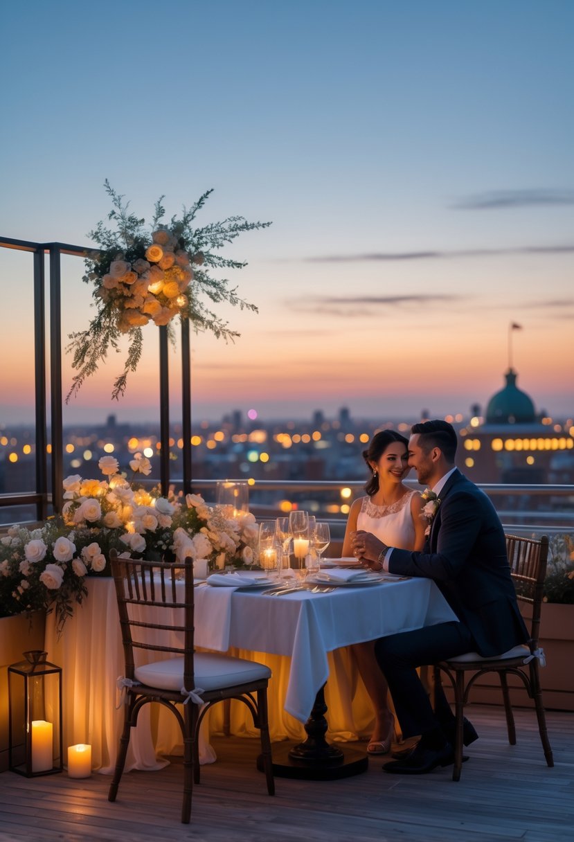 A couple sharing an intimate dinner on a rooftop at dusk, holding hands across a candlelit table with flowers and city lights in the background.