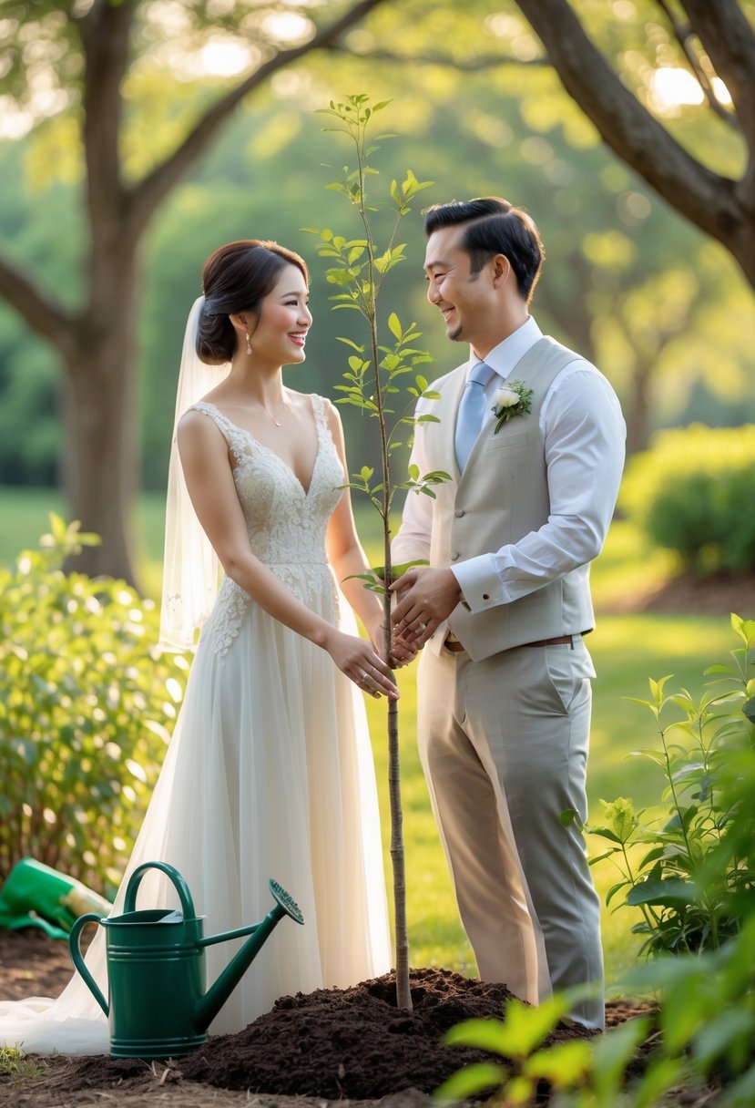 A couple planting a young tree together during their wedding vow renewal ceremony in a green outdoor setting.
