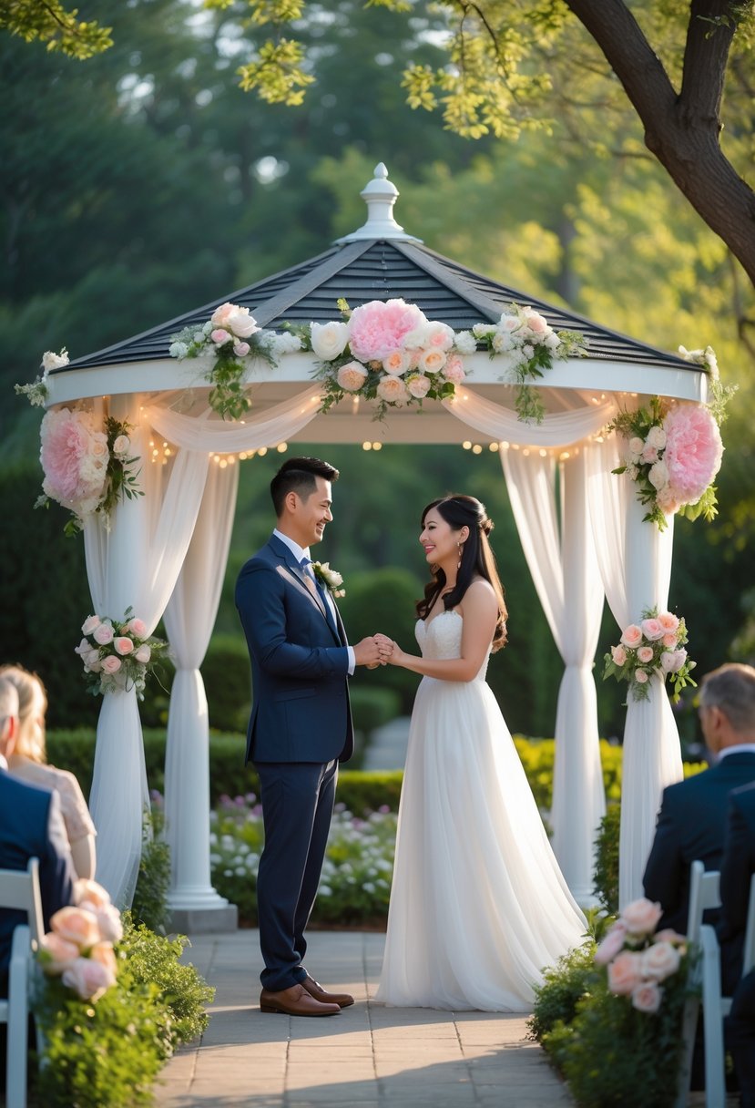A couple renewing their wedding vows under a decorated gazebo surrounded by a garden.