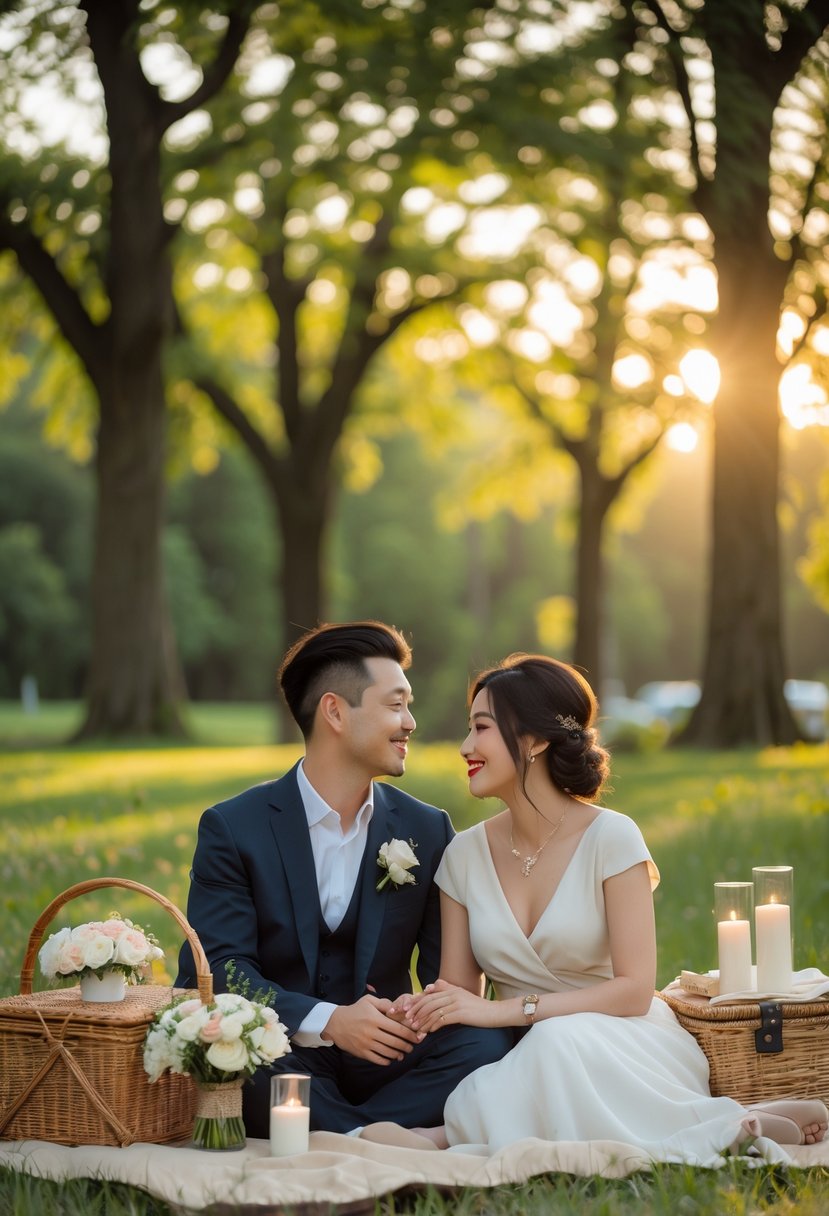 A couple sitting on a picnic blanket in a green park, holding hands and looking at each other lovingly during a vow renewal.