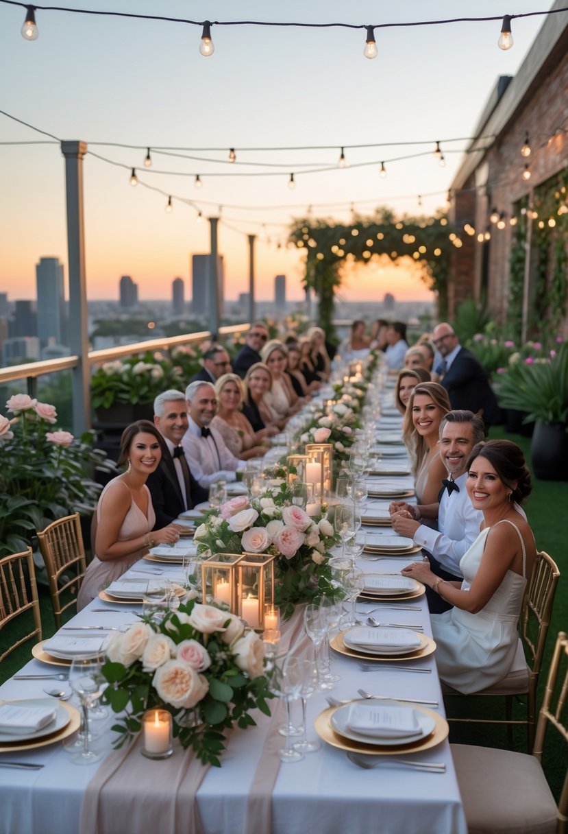 A couple renewing their wedding vows at a beautifully decorated rooftop garden dinner with family and friends during sunset.