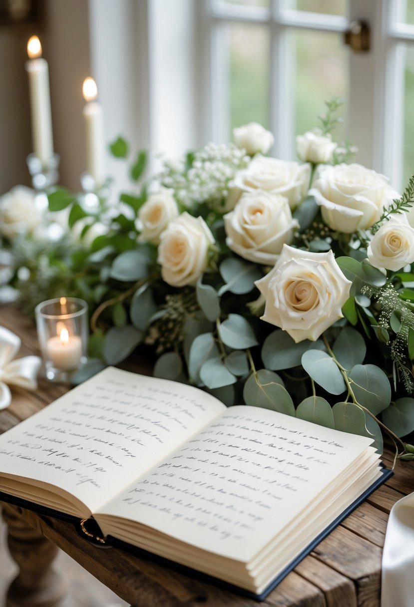 An open handwritten vow book on a wooden table surrounded by white flowers and greenery at a wedding vow renewal ceremony.