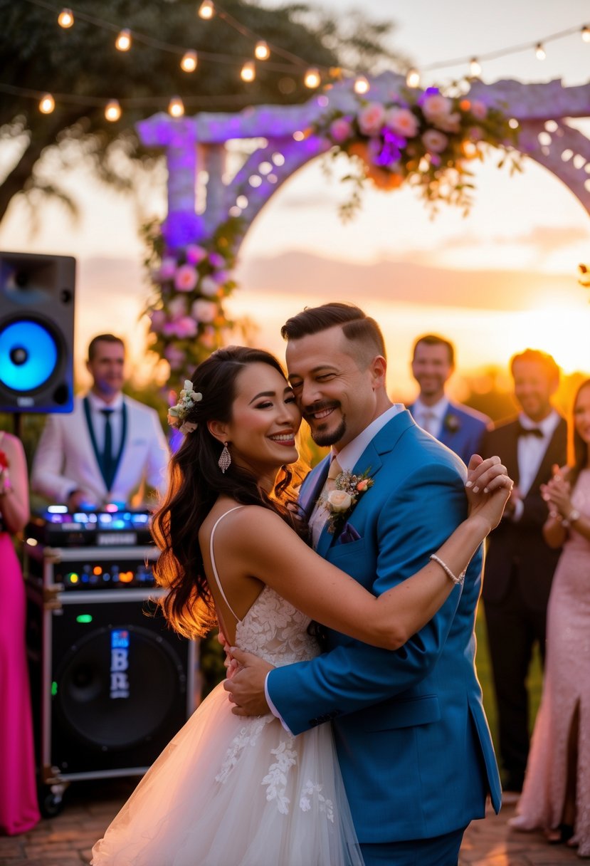 A couple dancing closely at an outdoor wedding vow renewal with guests and a DJ in the background.