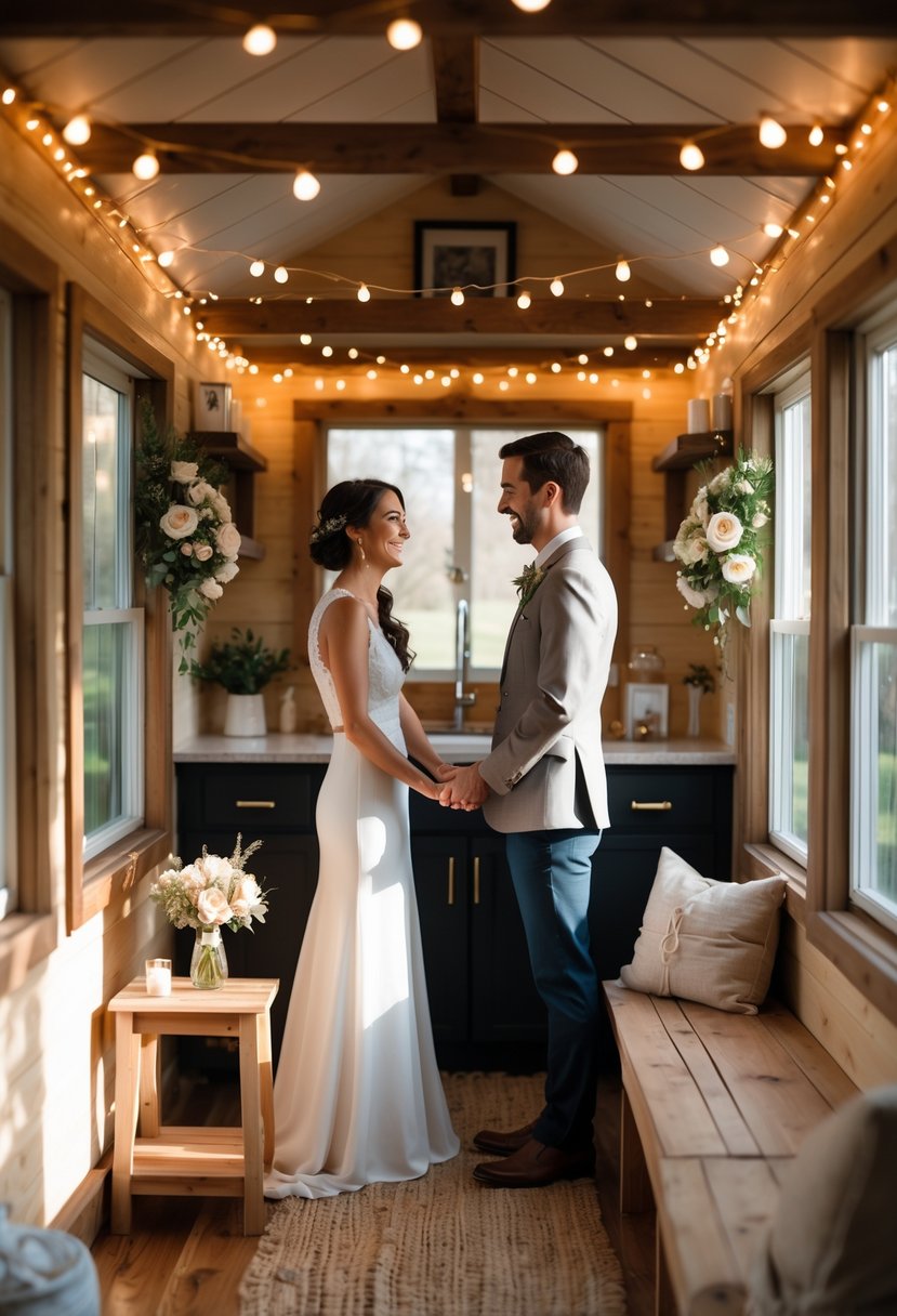 A couple exchanging vows inside a decorated tiny house during an intimate wedding vow renewal ceremony.
